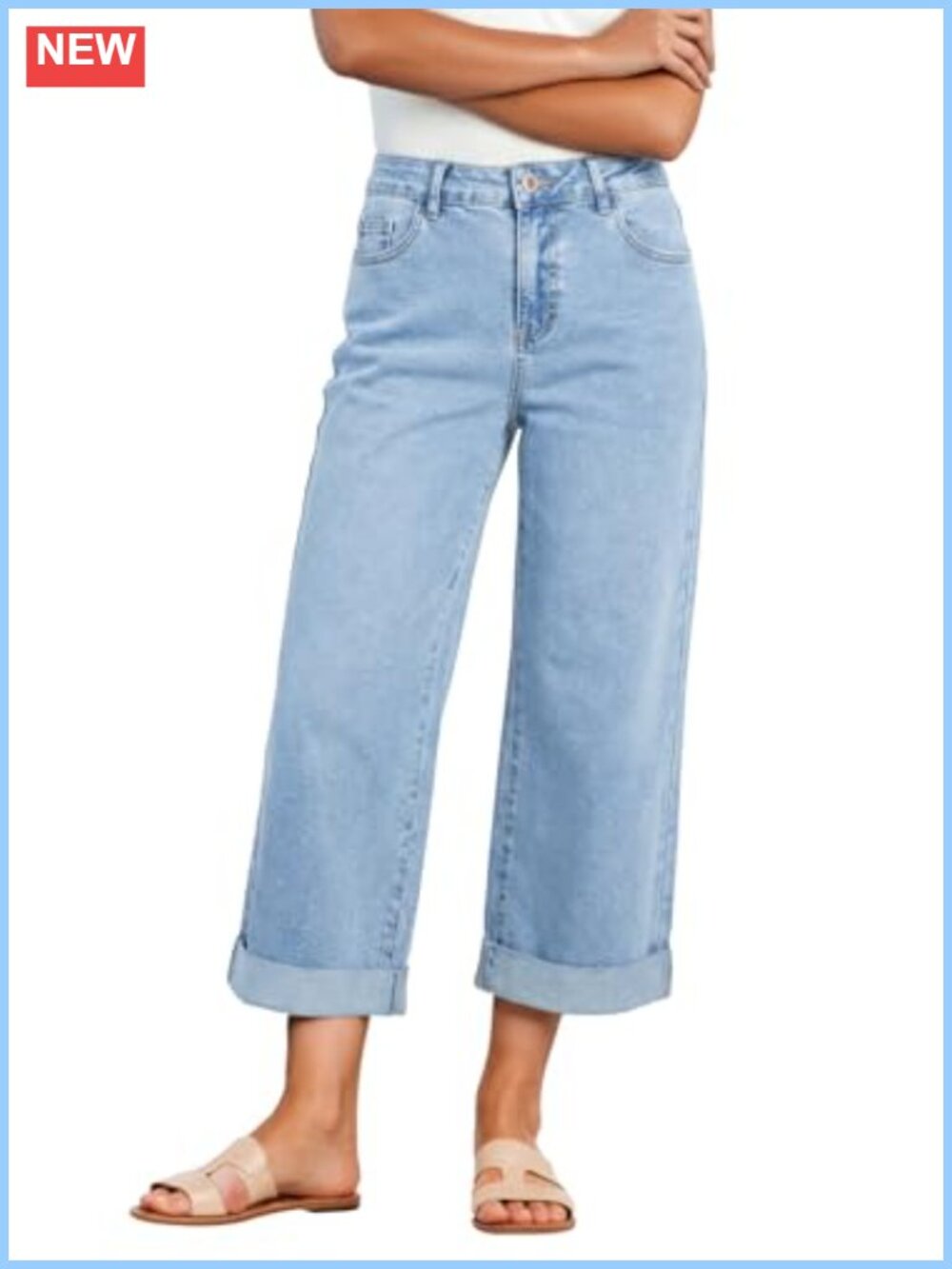 Sidefeel Women's Wide Leg High Waisted Cropped Ankle Denim Jeans Rolled Hem